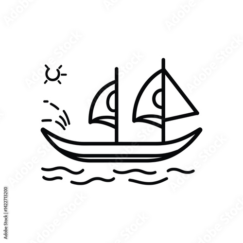 Sailboat Icon on Water with Sun Shining, Simple Line Art with Transparent Background