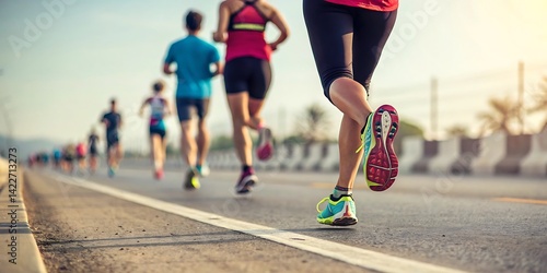 Running children, young athletes run in a kids run race,running on city road detail on legs,running in the light of morning