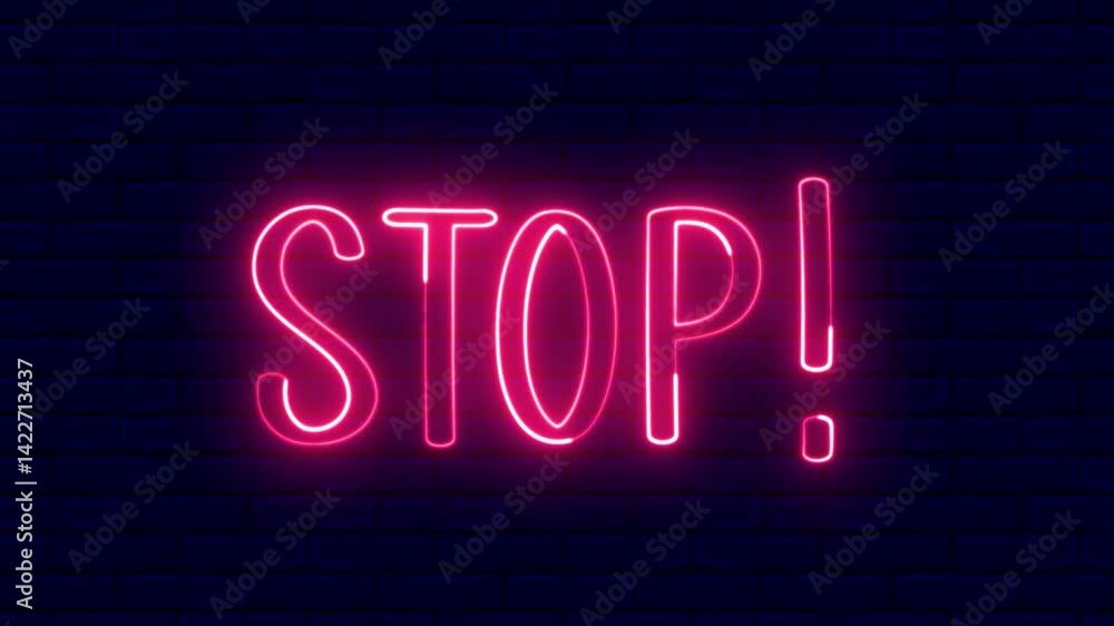 Stop neon sign. STOP text font with light. Luminous and shimmering haze inside the letters of the text Stop. 