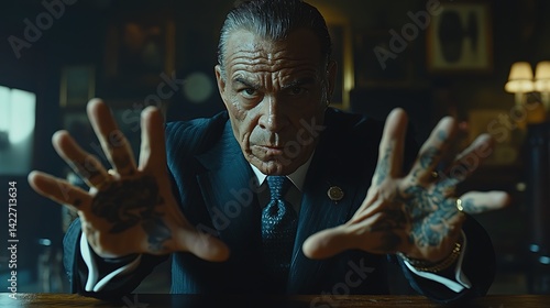 Mysterious Man with Intricate Hand Tattoos