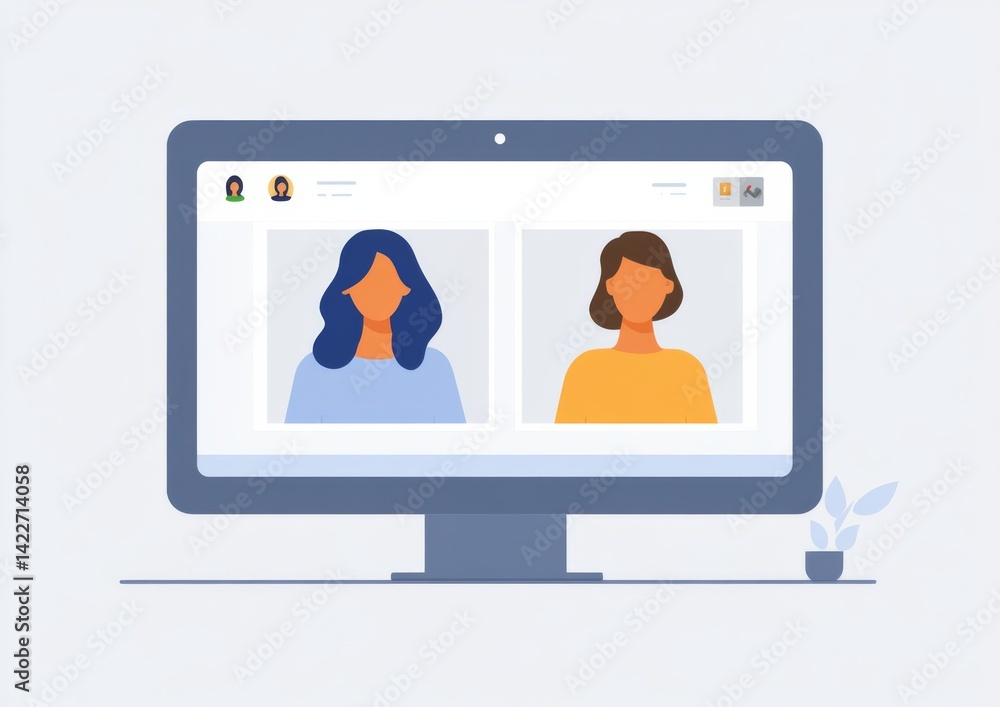Two women in a video chat on a minimalistic interface, simple window frame with avatars and the Windows logo, video conferencing call.