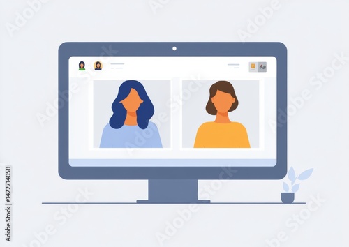 Obraz na płótnie Two women in a video chat on a minimalistic interface, simple window frame with avatars and the Windows logo, video conferencing call. w salonie