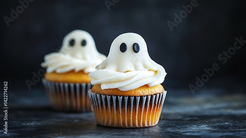 Halloween cupcakes decorated with white ghost-shaped fondant and creamy frosting, festive and spooky treat.