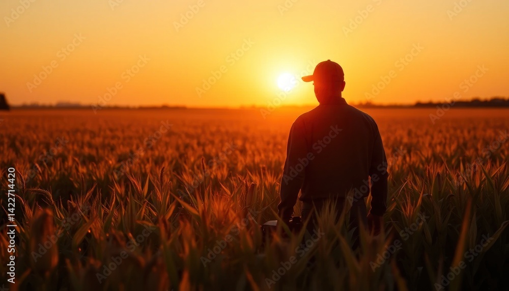 Fototapeta premium Silhouette of a Farmer in the Field During Sunset: Agriculture Landscape