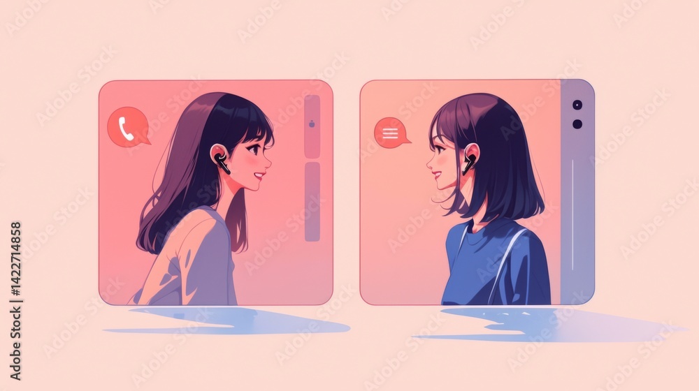 Two simple cartoon windows on a screen displaying avatars of two women talking to one another in a video call