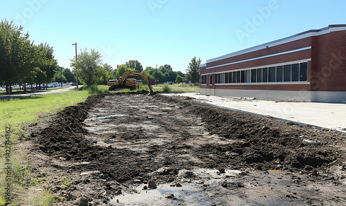 Excavation work in progress beside a commercial building, showcasing heavy machinery and a clear sky