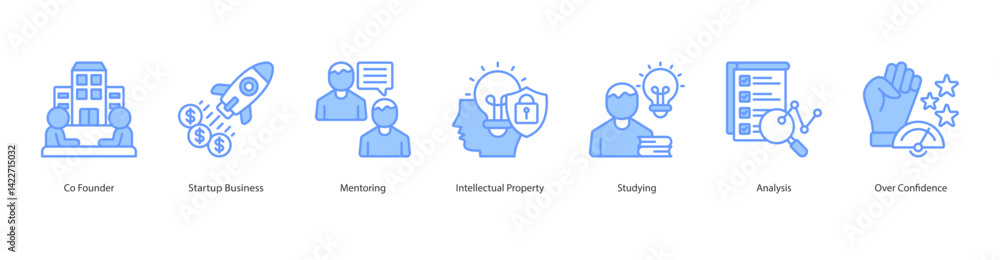 Obraz premium Startup Founder icon sheet vector co founder, startup business, mentoring, intellectual property, studying, analysis, over confidence