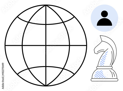 Globe with longitude lines, chess knight symbolizing strategy, generic user profile icon. Ideal for globalization, networking, strategy, business planning, decision-making personal growth. Flat