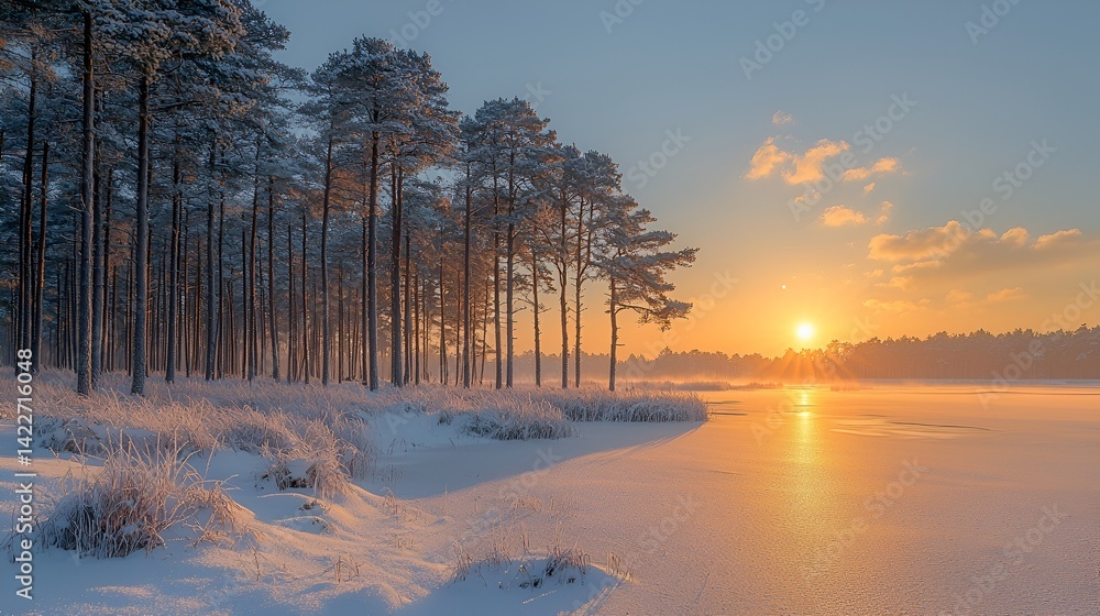 Winter sunrise over frozen lake, snow-covered pine trees. Winter sunrise over frozen lake, snow-covered pine trees.