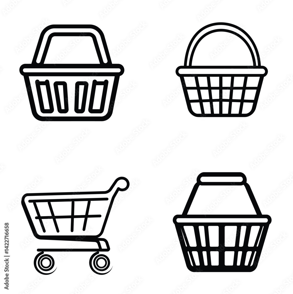 Shopping Basket Cart Icon Set with Handle, Wheels, Isolated on Transparent Background Shopping Basket Cart Icon Set with Handle, Wheels, Isolated on Transparent Background
