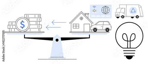 Scales balancing money with home, car, and eco-friendly elements. Lightbulb symbolizes ideas. Ideal for finance, sustainability, living costs, innovation, energy transportation decision-making