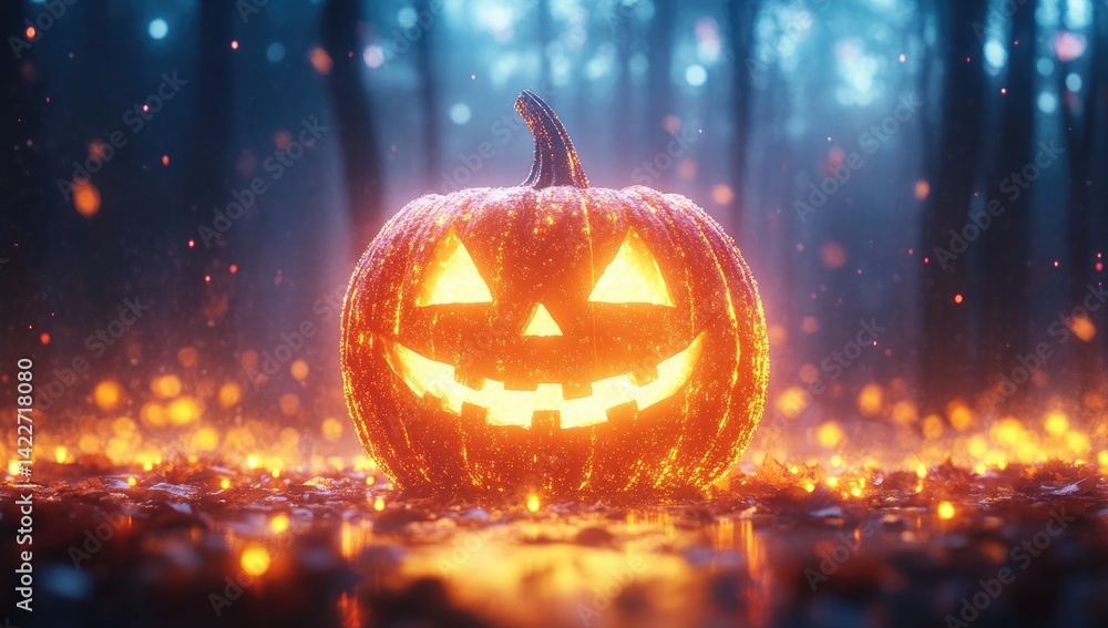 Naklejka premium Glowing Halloween Pumpkin With Carved Face and Forest Background During Nighttime With Orange Light And Pixelated Texture