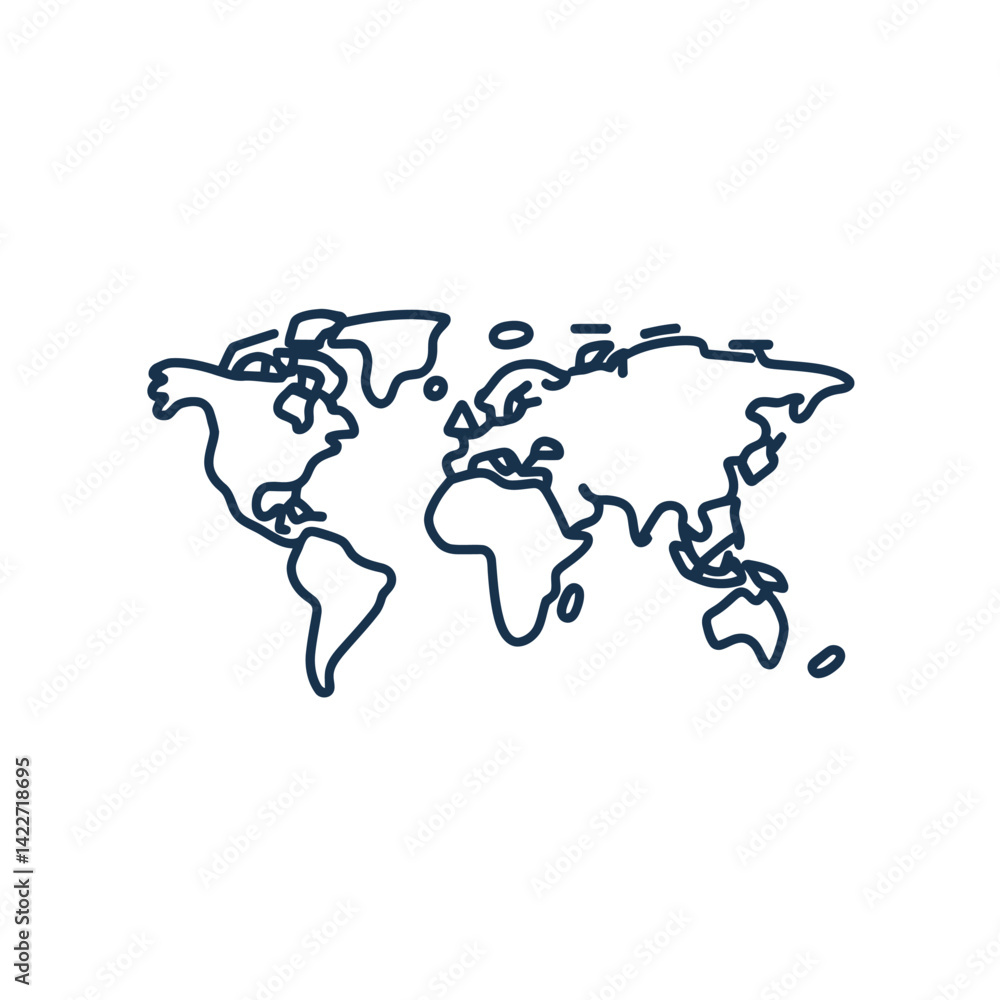 Fototapeta premium Simple Blue Outline World Map Globe on Transparent Background