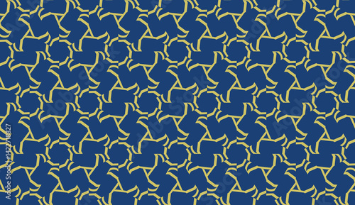 Vector seamless geometric pattern. Triangles curved line. For wallpaper, presentation background, interior design, fashion print. Blue, dark yellow color