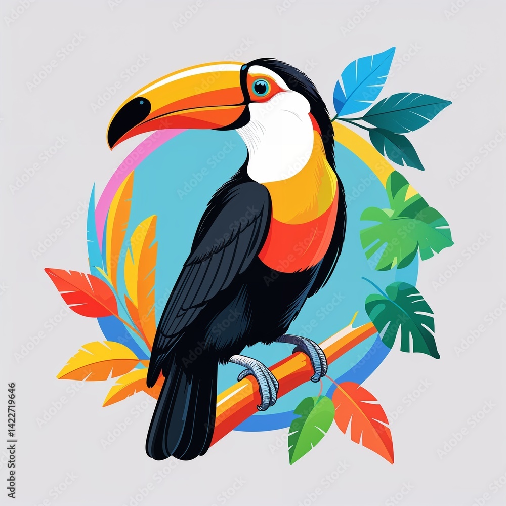 Fototapeta premium toucan on plain colorful background illustration icon logo concept 