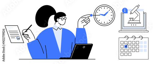 Person working on laptop while holding pen and document, managing time, conducting research, and planning calendar. Ideal for productivity, organization, efficiency, multitasking, time management