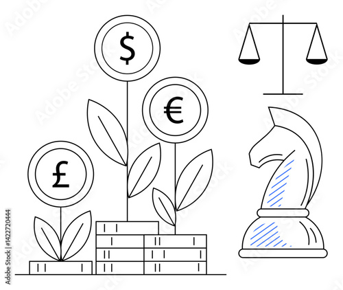 Dollar, euro, and pound symbols growing on plants with stacked coins. Chess knight signifies strategy. Balance scale suggests fairness and justice. Ideal for finance, investment, growth, ethics