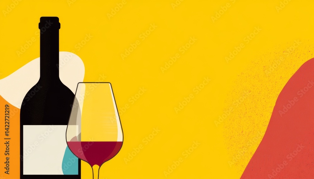 Vector illustration of a wine bottle and glass in minimalist style with a yellow background, purple hues, and white space in the middle, creating a colorful composition.