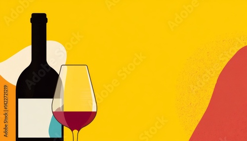 Obraz na płótnie Vector illustration of a wine bottle and glass in minimalist style with a yellow background, purple hues, and white space in the middle, creating a colorful composition. w salonie