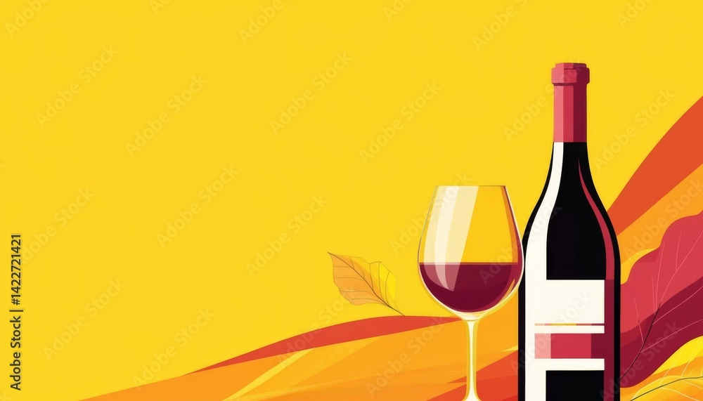 Vector illustration of a wine bottle and glass in minimalist style with a yellow background, purple hues, and white space in the middle, creating a colorful composition.