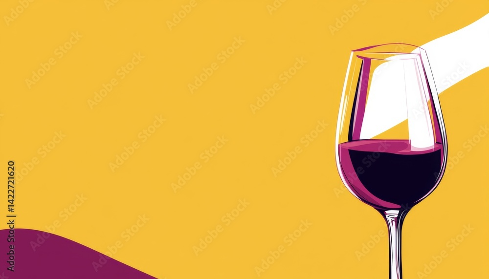 Vector illustration of a wine bottle and glass in minimalist style with a yellow background, purple hues, and white space in the middle, creating a colorful composition.