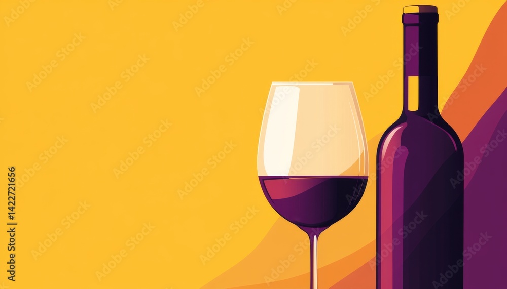 Vector illustration of a wine bottle and glass in minimalist style with a yellow background, purple hues, and white space in the middle, creating a colorful composition.