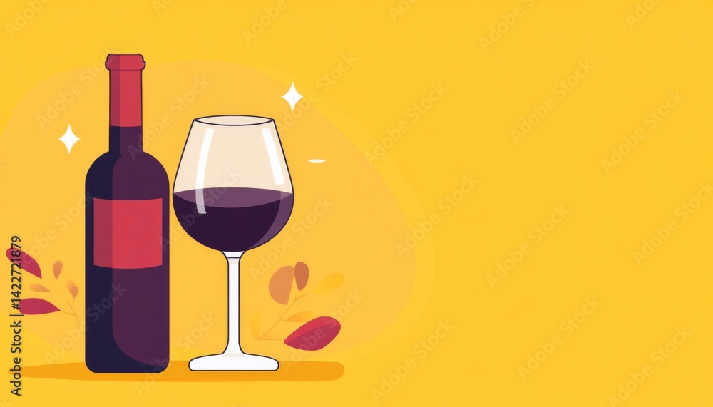 Vector illustration of a wine bottle and glass in minimalist style with a yellow background, purple hues, and white space in the middle, creating a colorful composition.