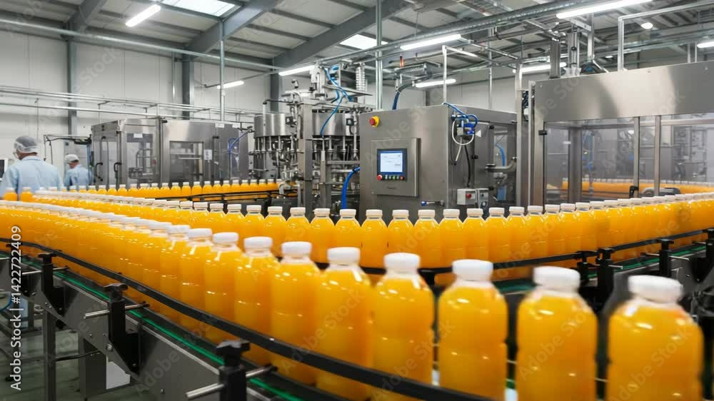 custom made wallpaper toronto digitalOrange juice bottle on conveyor in production line inside beverage factory, perfect for illustrating food manufacturing, automation, and industrial bottling processes.