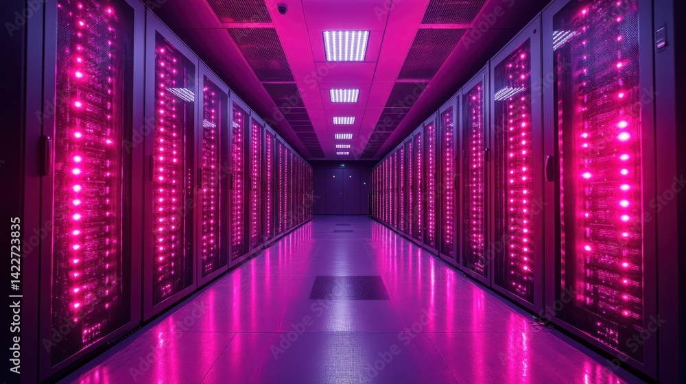 Fototapeta premium Pink Illuminated Server Room: Data Center Technology