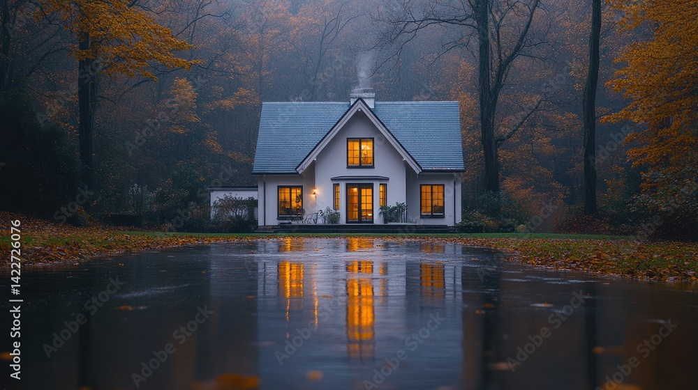 Fototapeta premium Autumnal Serenity: Lakeside House Reflection