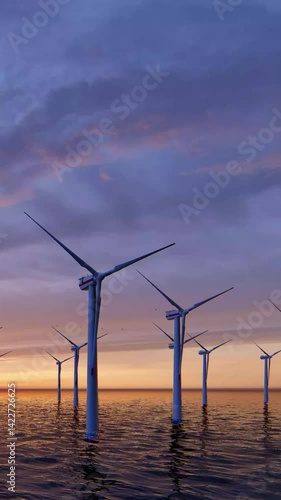 2160x3840. Windmill park. Offshore wind turbines farm on the ocean.  Green Energy, clean power, clean energy concept. Sustainable energy production. ULTRA HD. Windmill turbine.	