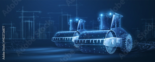 Road roller on the city background. Building site, construction machine, diesel engine.