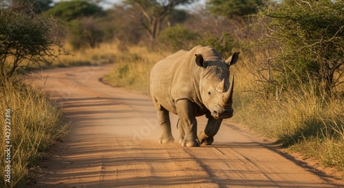 A rhino confidently strides down a dusty road in its natural habitat.