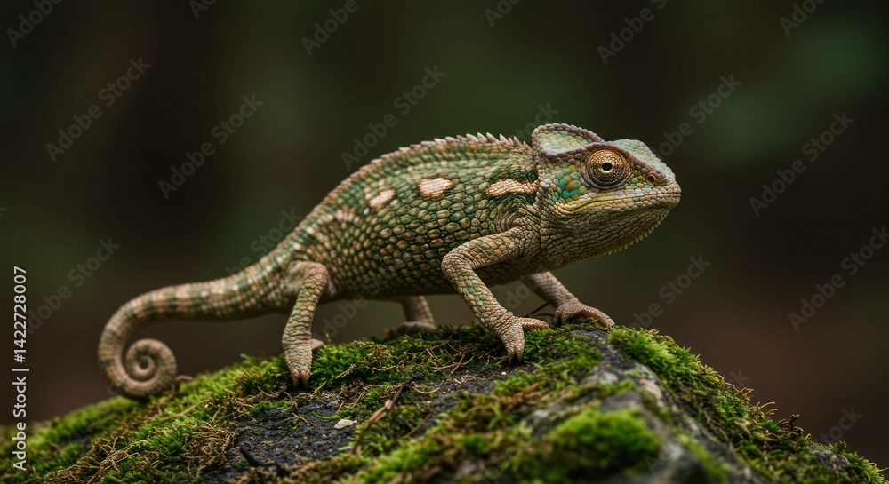 Naklejka premium A chameleon perched on a mossy rock in a lush environment, close-up.