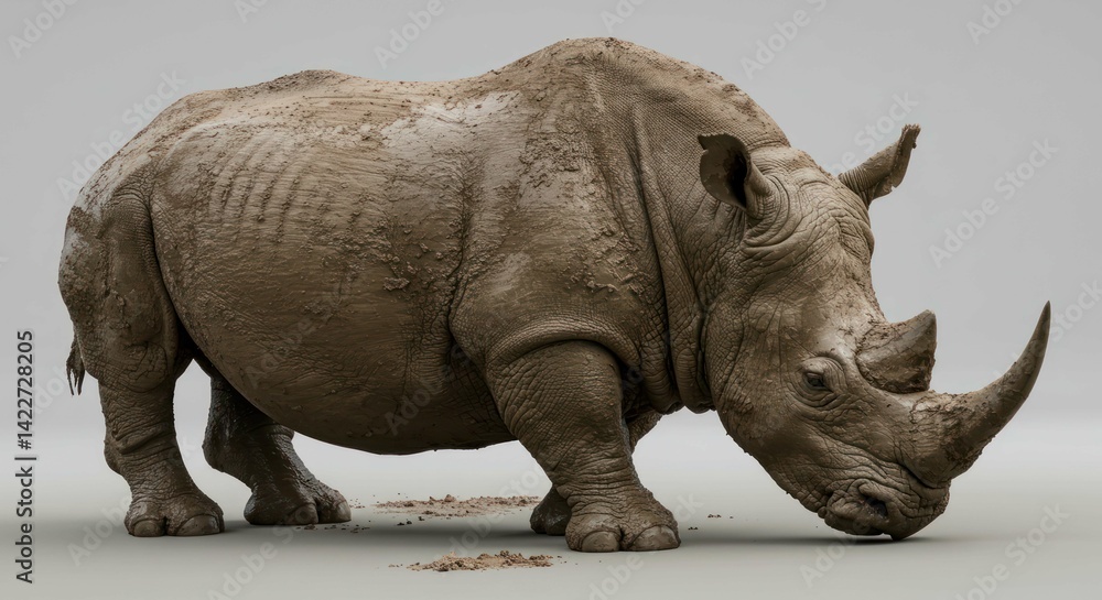 Fototapeta premium Detailed rhino portrait, mud-covered, gray background, powerful and realistic