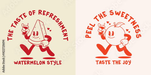 Funny cartoon character of watermelon and orange fruit. Can be used as Sticker, posters, prints. Retro cartoon style. Vector illustration