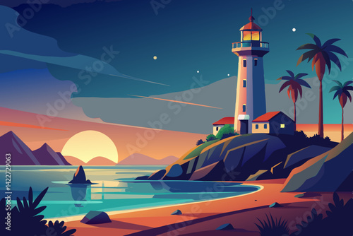 Seaside Sentinel: Illuminated by a beacon of light, a majestic lighthouse stands sentinel on the rugged coastline. Against a stunning sunset, creating a picturesque coastal panorama. generative AI