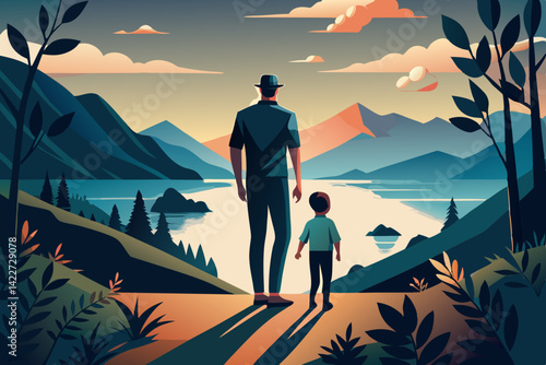 A Father-Son Serenity: A heartwarming moment captured as a father and son stand together, gazing at a breathtaking panoramic vista. generative AI