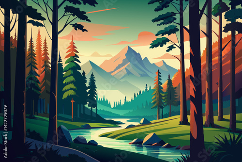 Serene Mountain Vista: A tranquil landscape painting of a mountain vista, showcasing a lush forest and serene river with trees on both sides and mountains in the backdrop. generative AI