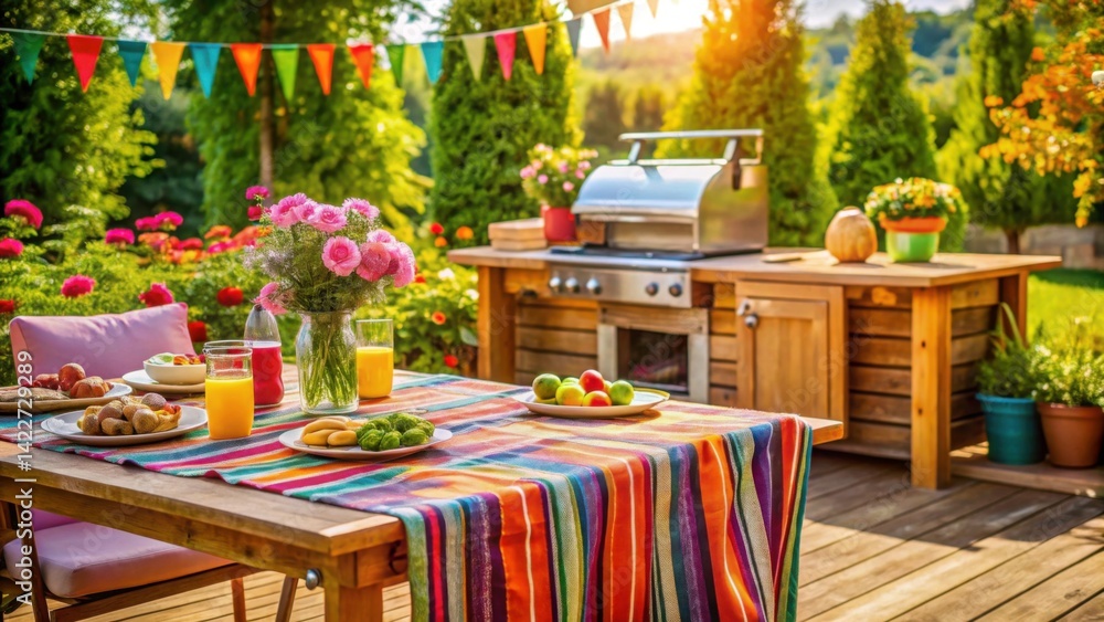 Obraz premium Cozy Outdoor Setting with Colorful Tablecloth and Refreshing Drinks