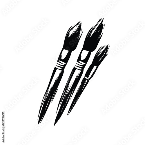 Three Black Paintbrushes on Transparent Background