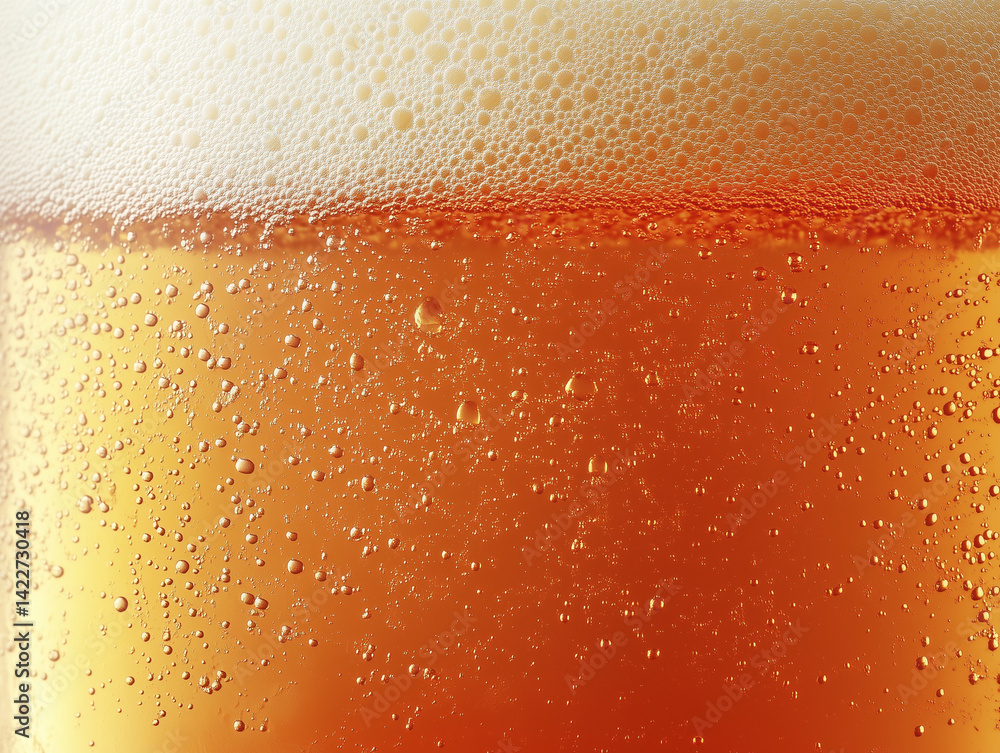 Beer bubbles and foam layers – close-up of yellow lager texture