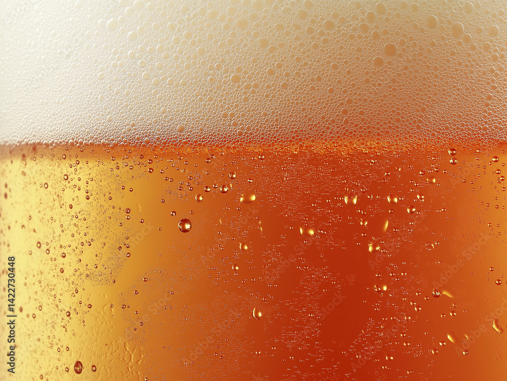 Beer close-up with tiny fizzy bubbles and creamy foam – crisp and cold