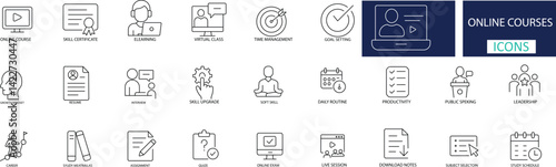 Online Courses & E-Learning line art Icon Set Virtual Education, Webinar, Certification.