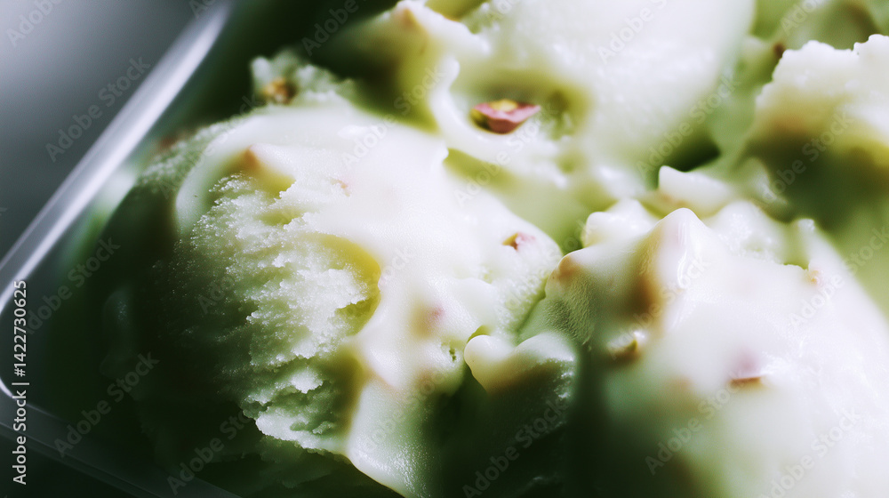 Pistachio ice cream in stainless container – creamy green dessert close-up