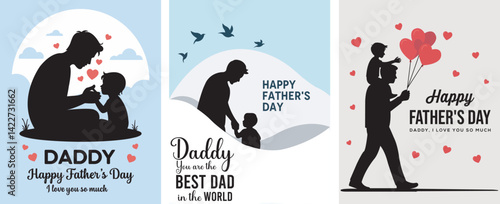 Father's Day Greeting Card with Dad and Children. Father's Day Celebration, Happy Father's Day Post Design. Dad and Son Illustrations with Modern Typography. Vector illustration.