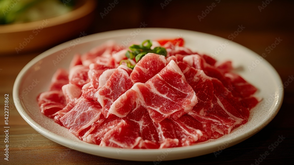 A plate of raw meat strips on the table A plate of raw meat strips on the table