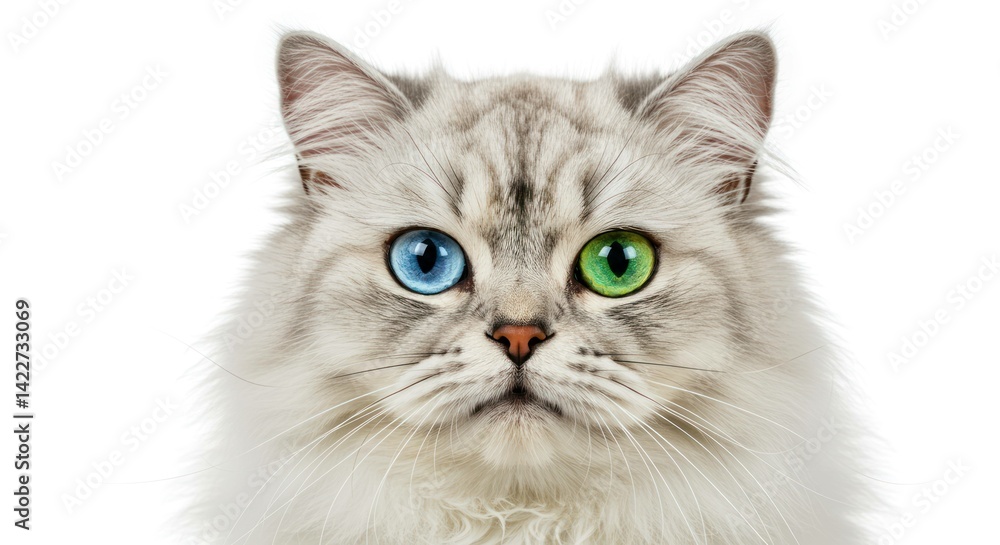 Close up of a fluffy cat with heterochromia, one blue and one green eye Close up of a fluffy cat with heterochromia, one blue and one green eye