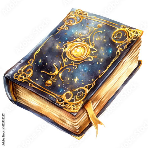 Enchanted Spellbook With Intricate Gold Patterns, vector watercolor illustration, isolated on a white background.