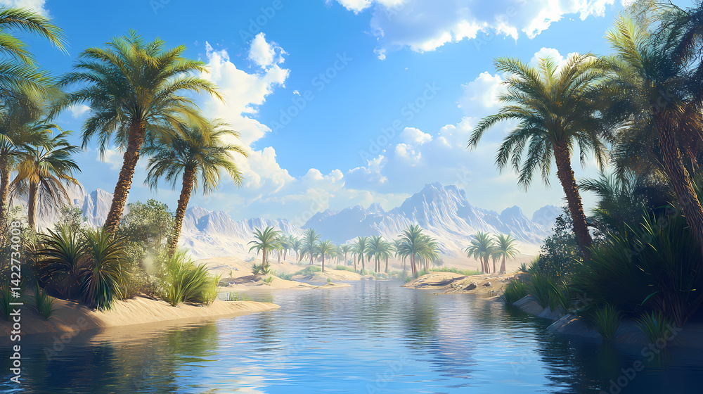 Tranquil oasis with palm trees shimmering waterway and distant mountains under airy blue skies. Blue Mirage. Illustration Tranquil oasis with palm trees shimmering waterway and distant mountains under airy blue skies. Blue Mirage. Illustration
